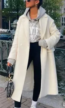 Zara Cotton Wool Blend Cream Oyster Ecru Trench Long Coat