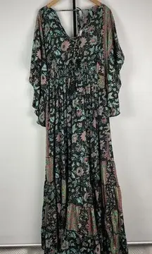 Karma Highway Black Teal Paisley Butterfly Short Sleeve Tiered Maxi Dress OS