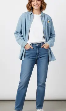 Route 66 Denim Shirt Womens 2XL Blue Embroidered Snowman Christmas Vintage 90s