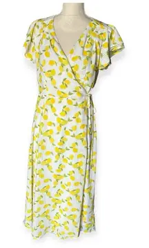 Draper James Lemon Print Midi Wrap Dress - Size Large Flutter Sleeves