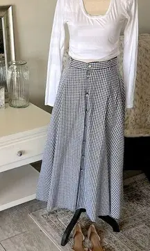 Vtg Lizwear gingham black/white button down cotton maxi HR cottage skirt 8