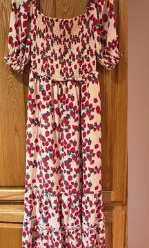 Betsey Johnson Strawberry Fields Smocked Challis Maxi Dress Puff Sleeves Small