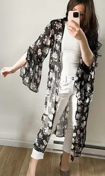 Band Of Gypsies Black Floral Sheer Long Duster Bell sleeve Kimono sz Large