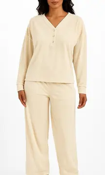 Roudelain Long Sleeve Ribbed Velour Pajama Set Goat Size L Soft Cozy