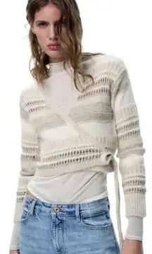 Zara Beige Knit Wrap Cropped Sweater Top Size Small 6771/005 Bohemian Chic