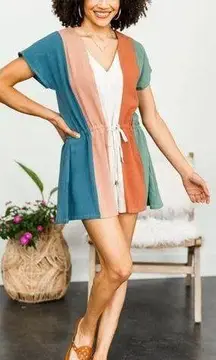 ☀️EUC  Colorblock Romper Size L Linen Blend Drawstring Waist