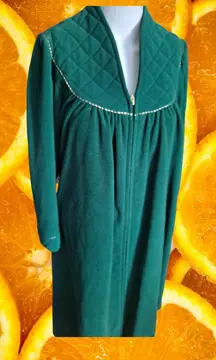 Vanity Fair Robe Quilted Zip Front Lounger Emerald‎ Green Gold Trim M