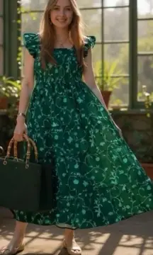 Hill House The Ellie Nap Midi Dress Emerald Green Botanical XS Dainty Holidays