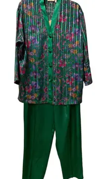 VTG Victoria's Secret Gold Label Emerald Lounge Set Floral Kimono & Satin Pants
