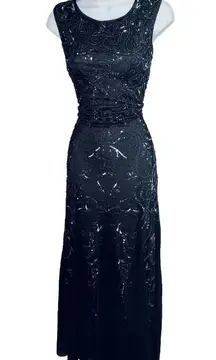 Beaded Navy Blue Evening Gown Maxi Dress Womens Small 4