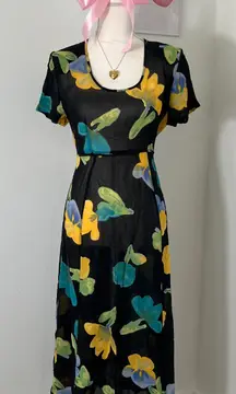 Vintage‎ 90s Watercolor Floral Black Short Sleeve Maxi Dress Sheer Womens S/M