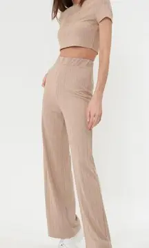 Tan Crop T Shirt Wide Leg Ribbed Lounge Pants Set Size Large