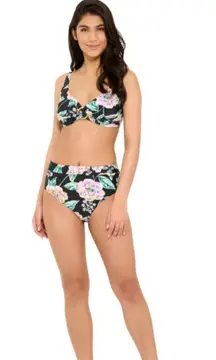 Freshwater Size Small O-Ring Floral Bikini Top Black Swim Suit Vacation Beach