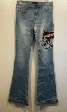 Ed Hardy Light Blue Flare Jeans with Skull Art