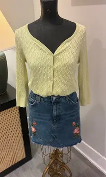 Talbots Cable Knit Sweater + Topshop Embroidered Denim Skirt Y2K Outfit (M/4)
