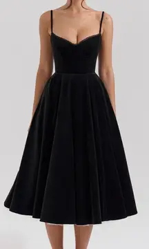 House of CB Mademoiselle Black Velvet Tulle Midi Dress Size Medium