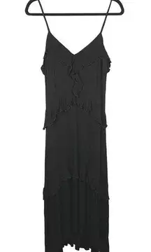 Parker  Womens Size XS Tiered Ruffle Gauze Midi Dress Black Spaghetti Strap LBD