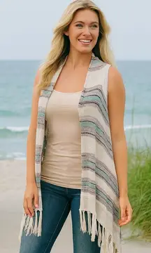 Umgee Purple & Teal Stripe Maxi Boho Flowy Cardigan Vest Coastal Festival S/M