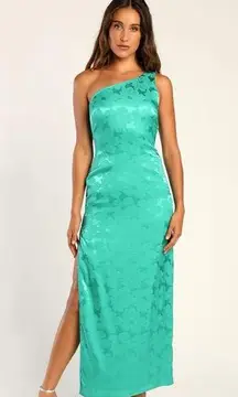 Lulus NWT Lulu’s Chasing Desire Teal Green Satin Jacquard One-Shoulder Maxi Dress