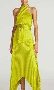 AMUR Dixon Citrine Pleated Criss Cross Halter Satin Dress NEW $598