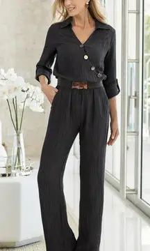 Soft Surroundings  Women Cannes Jumpsuit Black Gauze Lagenlook M