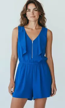 Express Romper Size 2 Royal Blue Zip Front Ruffle VNeck Sleeveless Lined Pockets