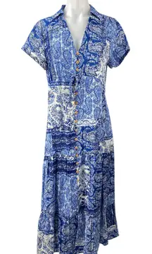 ZARA Blue White Paisley Short Sleeve Button Down Collared Midi Shirt Dress Sz S