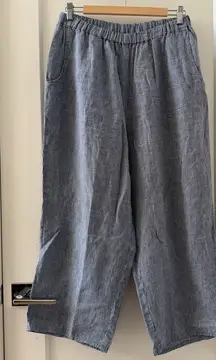 FLAX linen cropped wide pants women’s navy white mini gingham size M