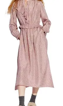 Coach Dress Women 10 Pink Silk‎ Floral Print Ruffle Front Gathered Yoke Midi