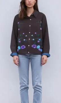 Vintage Embroidered Black Jean Jacket with Floral Design