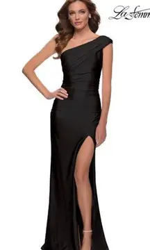 La Femme NWT  29619 One Shoulder Fitted High Slit Ball Gown Formal Black