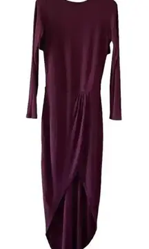 Heather Modal Trendy Burgundy Knit High Low Front Wrap Pleated Crewneck  SZ S