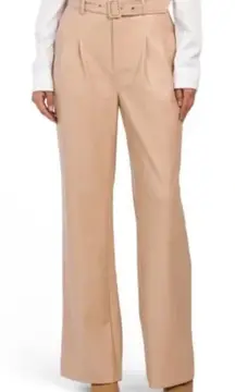 7 For All Mankind Coated Faux Leather Pleated Belted High Waist Pants Tan Medium