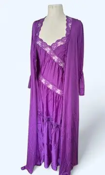 Vintage Henson Knickernick Peignoir Lace Maxi Nightgown Sexy Robe Set Purple M