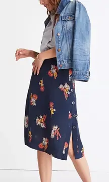 Madewell Silk Side Button Down Skirt S Blue Cactus Flower Lined Midi 40PE