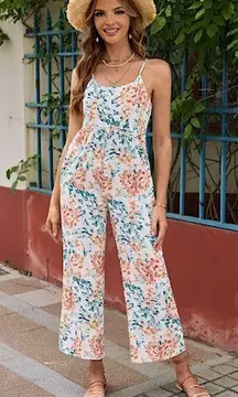 NEW White with Orange & Blue Floral Spaghetti Strap Wide Leg Jumpsuit Size XL