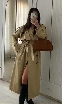 Cotton-Blend Double-Breasted Belted Long Trench Coat Commense Small NEW