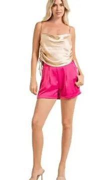 Glam Hot Pink Satin Pleated Front High Rise Shorts M