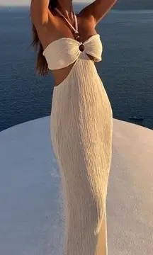 Savannah Morrow Dress Mina Open-Back Crinkled Cutout Halter Maxi Ivory L NWT