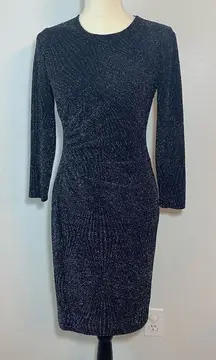Shoshanna Sparkly Black Fitted Bodycon Long Sleeve Midi Length Cocktail Dress