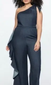 Eloquii One Shoulder Ruffle‎ Denim Jumpsuit in Blue Size 24