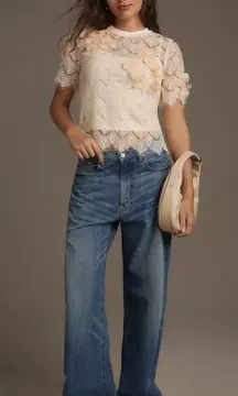 Anthropologie Sunday in Brooklyn Short Sleeve Embellished Lace Top Medium Boho