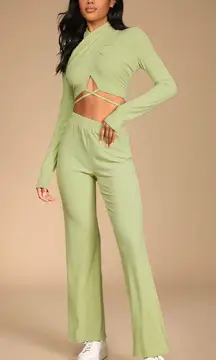 Lounge Lulu’s Light Green Ribbed Wide-Leg  Pants