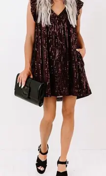 Judith March Merlot Black Sequin Ruffle Sleeve Holiday Glow Babydoll Romper M