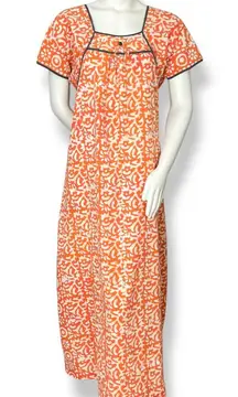 Muumuu Dress Orange White Pattern Batik Fabric Short Sleeves‎ Maxi Bow Casual