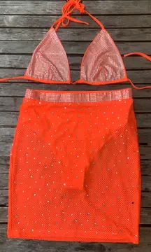 Two Piece Orange Swimsuit with Rhinestones