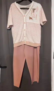 A Leen Petites Small Pajama Set, Striped Animal Print‎ Top, Vtg Blouse Pant Set