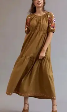 Anthropologie Let Me Be Maxi Dress Size XL Camel Embroidered Peasant Bohemian