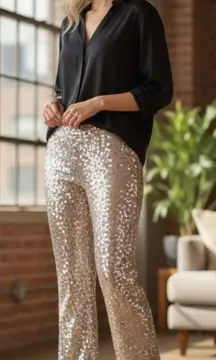 BNWT Zara Gold Sequin High Waisted Wide Leg Pants Sparkly Glam Statement Festive