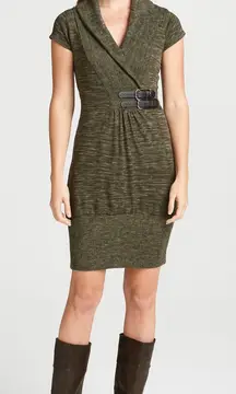 Women's Short Sleeve Sweater Dress Cowl Neck Military Buckle Waist Olive Green M